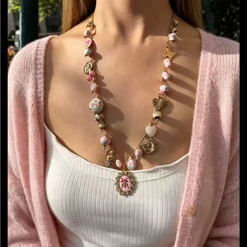 Gold-Tone Enamel Glass Ceramic long Boho Charm Necklace